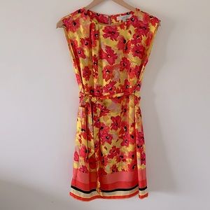 Ann Taylor Loft Sleeveless Floral Golden Yellow and Pastel Pink Dress 0